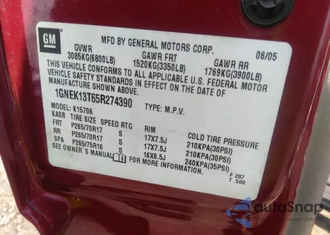 2005 Chevrolet Tahoe Z71 from USA, damaged, VIN 1GNEK13T65R274390